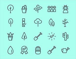 A set of Rosteniya Icons, and garden care, Vector illustration, Contains Icons such as tree, cactus, watering can, spade, flower and much more. on a white background, editable bar 480x480