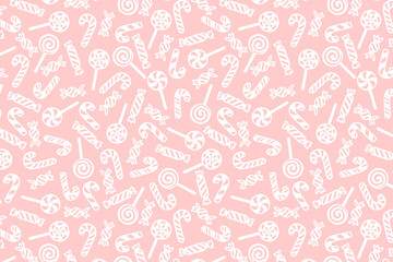 Vector Christmas background with hand drawn lollipops, candy canes and candies.