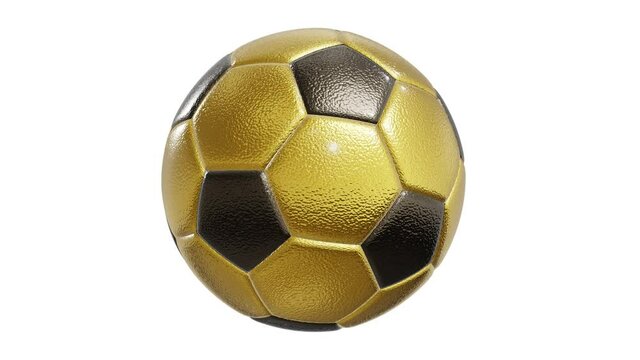 Realistic 360-degree seamless looping spin of the golden textured soccer ball rendered in UHD, alpha matte is included