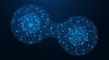 Dividing the cell into two parts. The process of reproduction of living organisms. Polygonal construction of concatenated lines and points. Blue background.