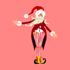Trendy Santa Claus in striped pants and traditional red costume. Santa in a pose of greeting invites you to celebrate Christmas or New Year. Color vector illustration isolated on pink background