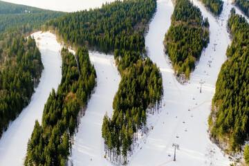 Aerial view of Ski lift on bright winter day