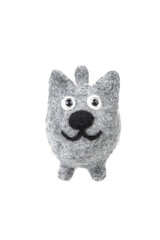 Toy gray cat isolate on a white back. Toy kitten made of felted wool.