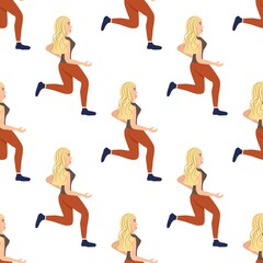 Seamless pattern with a running beautiful girl sportswoman on a white background. Young woman in flat style is engaged in physical education. Strong pumped man.
Stock vector illustration for design