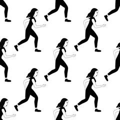 Outline seamless pattern with running charming girl sportswoman on a white background. Happy woman in flat style is engaged in physical exercise. Fitness training.
Stock vector illustration for design