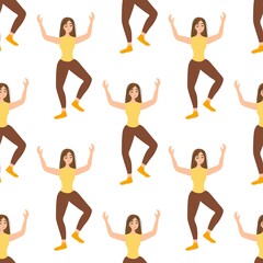 Seamless pattern with dancing wonderful girl on a white background. Cheerful dance entertainment in a flat style. Relaxed happy woman.
Stock vector illustration for design, decor, fabric, wallpaper