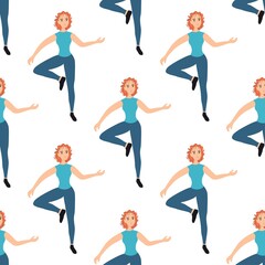 Fototapeta na wymiar Seamless pattern with dancing bright girl on a white background. Cheerful dance entertainment in a flat style. Relaxed happy woman. Stock vector illustration for design, decor, fabric, wallpaper