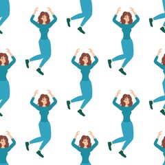 Seamless pattern with dancing charming girl on a white background. Cheerful dance entertainment in a flat style. Relaxed happy woman.
Stock vector illustration for design, decor, fabric, wallpaper