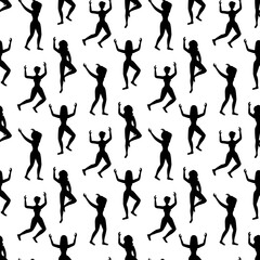 Outline seamless pattern with dancing amazing girls on a white background. Cheerful dancers in a flat style. Relaxed happy woman. Club party.
Stock vector illustration for design, decor, fabric