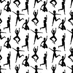 Fototapeta na wymiar Outline seamless pattern with dancing adorable girls on a white background. Cheerful dancers in a flat style. Relaxed happy woman. Club party. Stock vector illustration for design, decor, fabric
