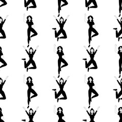 Outline seamless pattern with dancing matchless girls on a white background. Cheerful dancers in a flat style. Relaxed happy woman. Club party.
Stock vector illustration for design, decor, fabric