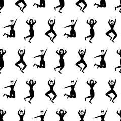 Outline seamless pattern with dancing adorable girls on a white background. Cheerful dancers in a flat style. Relaxed happy woman. Club party.
Stock vector illustration for design, decor, fabric