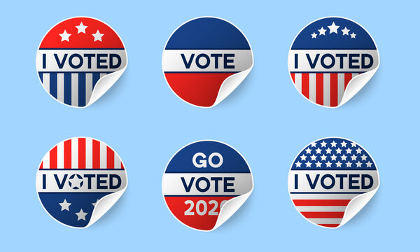 Usa 2020 voting icons. Set of circle realistic stickers with I voted quote in red and blue, stars and stripes. Round american elections labels with rolled corner and shadows. Concept of responsibility