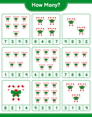 Counting game, how many Candy Canes with Ribbon. Educational children game, printable worksheet, vector illustration