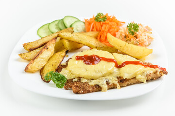 cutlet with pineapple and  baked potatoes with bouquet of salads