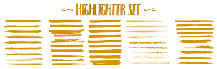 Highlighter brush lines set. Vector marker color stroke for text. Brush pen hand drawn underline. Hand drawn highlight collection. Yellow watercolor abstract lines. Stylish grunge lines. Vector - obrazy, fototapety, plakaty