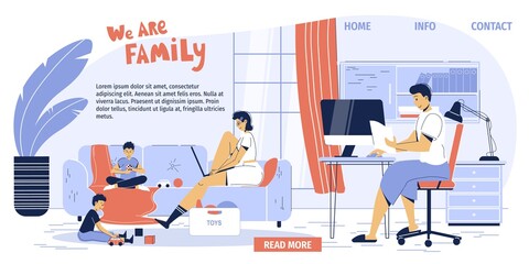 Happy family at home office workplace landing page. Online communication, remote work. Mother father parent working on internet via laptop. Children enjoy rest. Isolation, coronavirus quarantine