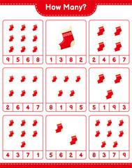 Counting game, how many Christmas Socks. Educational children game, printable worksheet, vector illustration