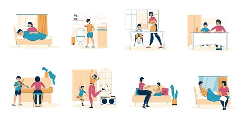 Parent child daily life in quarantine condition set. Mother son kid stay home scene. Family leisure recreation, study activity indoor during coronavirus pandemic. Rest education everyday schedule