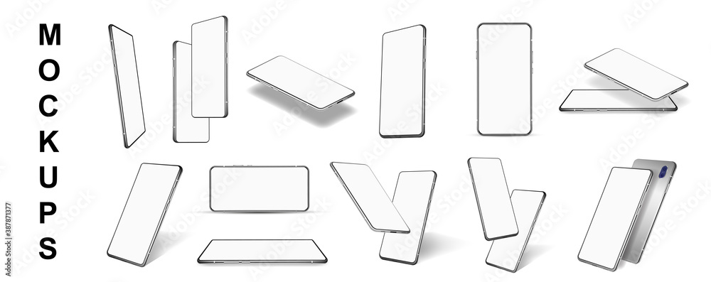 Poster Template smartphone with blank screen at different angles. 3D mockups detailed phones. Presentation compositions, mobile phones with different positions. New cellphone gadgets set. Vector collection