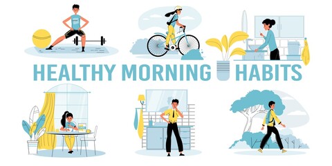 Healthy morning habits for kid motivation poster. Boy girl child exercising doing workout, walking cycling in park, brushing teeth, eating organic food everyday. Health body care for children