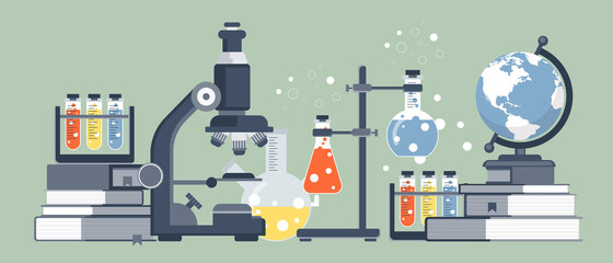 Laboratory and medicine research. Laboratory equipment banner. Concept for science, medicine and knowledge. Research concept. Flat vector illustration