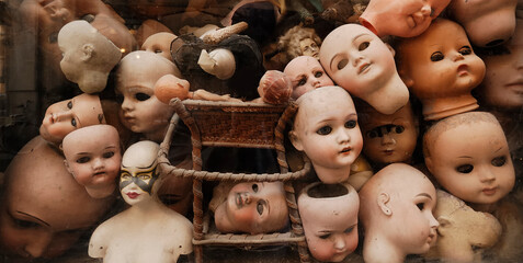 Vintage dolls heads. Horror, creepy, macabre dolls and dolls heads of various shapes, decapitated...