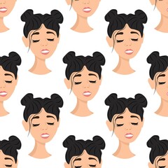 Seamless pattern with avatar of a charming girl on a white background. Profile of a young woman in front in a flat style. Joyful relaxed faces of people.
Stock vector illustration for design, decor