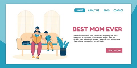 Motherhood or family activity landing page design. Loving mother reading fairytale book to adorable son in evening sitting on sofa at home living room. Daily life schedule, everyday routine. Best mom