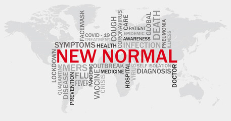 Fototapeta na wymiar New Normal word cloud with red words and grey word tag on world map background. Abstract concept 2020 Coronavirus disease.