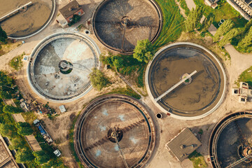 Aerial top view of wastewater treatment plant, filtration of dirty or sewage water.