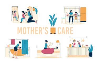 Mother daughter or son care family isolated scene set. Parent child spend time cooking, eating together. Mom doing hair, bathing, reading to kid. Happy motherhood, babysitting. Daily family activity