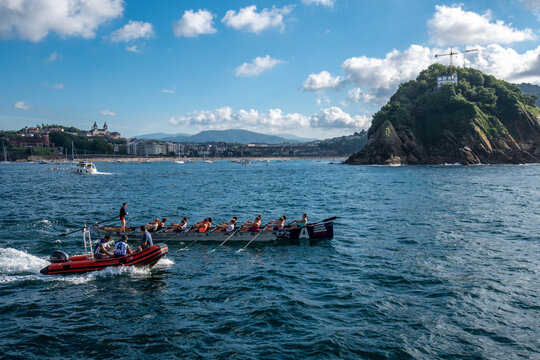 Training for traditional boat race in San Sebastian