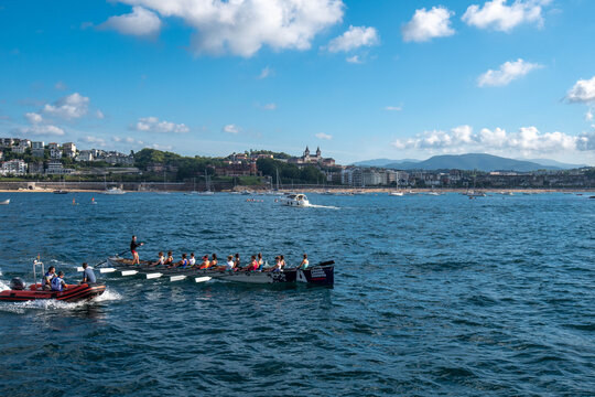 Training for traditional boat race in San Sebastian