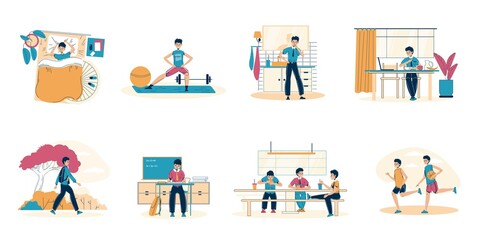 Schoolboy everyday healthy schedule. Good sleeping, active morning workout and evening sport with friends, daily hygiene procedure, proper nutrition on breakfast and dinner. Isolated scene set