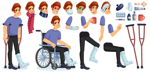 Young sick, disabled or injured man animated character creation set. Male person suffering from different disease, fever, flu, trauma body fracture. Medicines, healing tools, mobility device kit