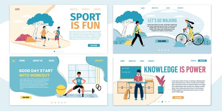 Children balanced growth, education, comprehensive development landing page set. Attraction to schooling, sports, morning exercise and outdoor activities on fresh air. Motivation inspiration for kids