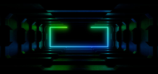 A dark corridor lit by colorful neon lights. Reflections on the floor and walls. 3d rendering image.