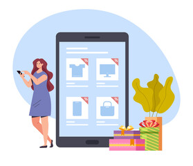 Woman consumer character making purchases by smartphone internet online vector flat graphic design illustration concept