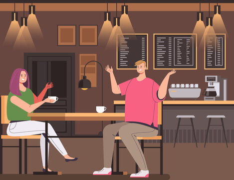 People man woman character drinking coffee in cafe bar vector flat graphic design illustration concept