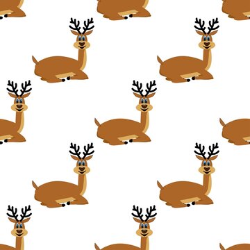 Seamless pattern with stylish deer on a white background. Winter forest animals in flat style. Cartoon mammals fawn in relaxation.
Stock vector illustration for design, decor, fabric, wallpaper