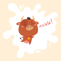 Cow cartoon. Cute farm milk animal character with splashes on the background. Vector funny mascot. Vector Illustration of farm cow for printing on products and packaging containing milk. 