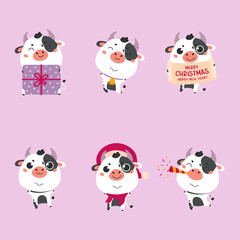 Obraz na płótnie Canvas Set of cute silver cartoon bulls and cows.New year ox with various festive attributes.Chinese new year 2021 symbol.Set of holiday animals for the design of calendars,cards,advertising.Vector 
