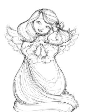Angel Sweetly Singing in the Christmas Spirit Black and White Illustration Art Graphic Clip Art