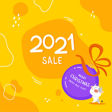 Christmas sale design template.2021 sale.Christmas banner.Xmas cute bull with giant ball and abstract background.New year design of poster, card, headers website.Vector cartoon illustration
