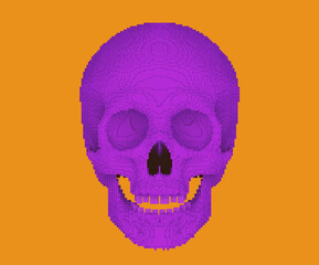 purple pixilated or blocky skull on orange background, 3d render