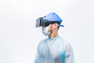 Doctor in uniform in a virtual reality helmet on a white background.