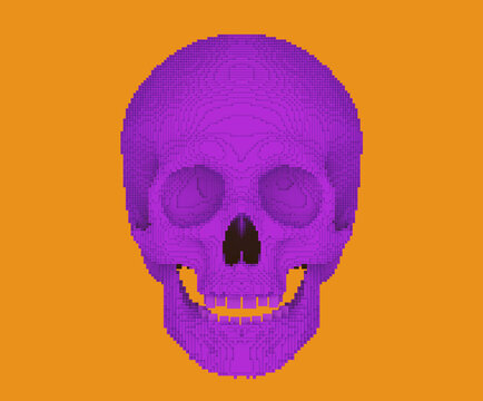 purple pixilated or blocky skull on orange background, 3d render