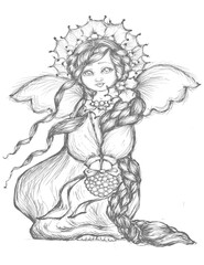 Hand Drawn Angel Illustration Graphic Clip Art in Black & White