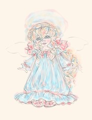 Hand Drawn Illustration of a Sweet Little Girl Angel in Color